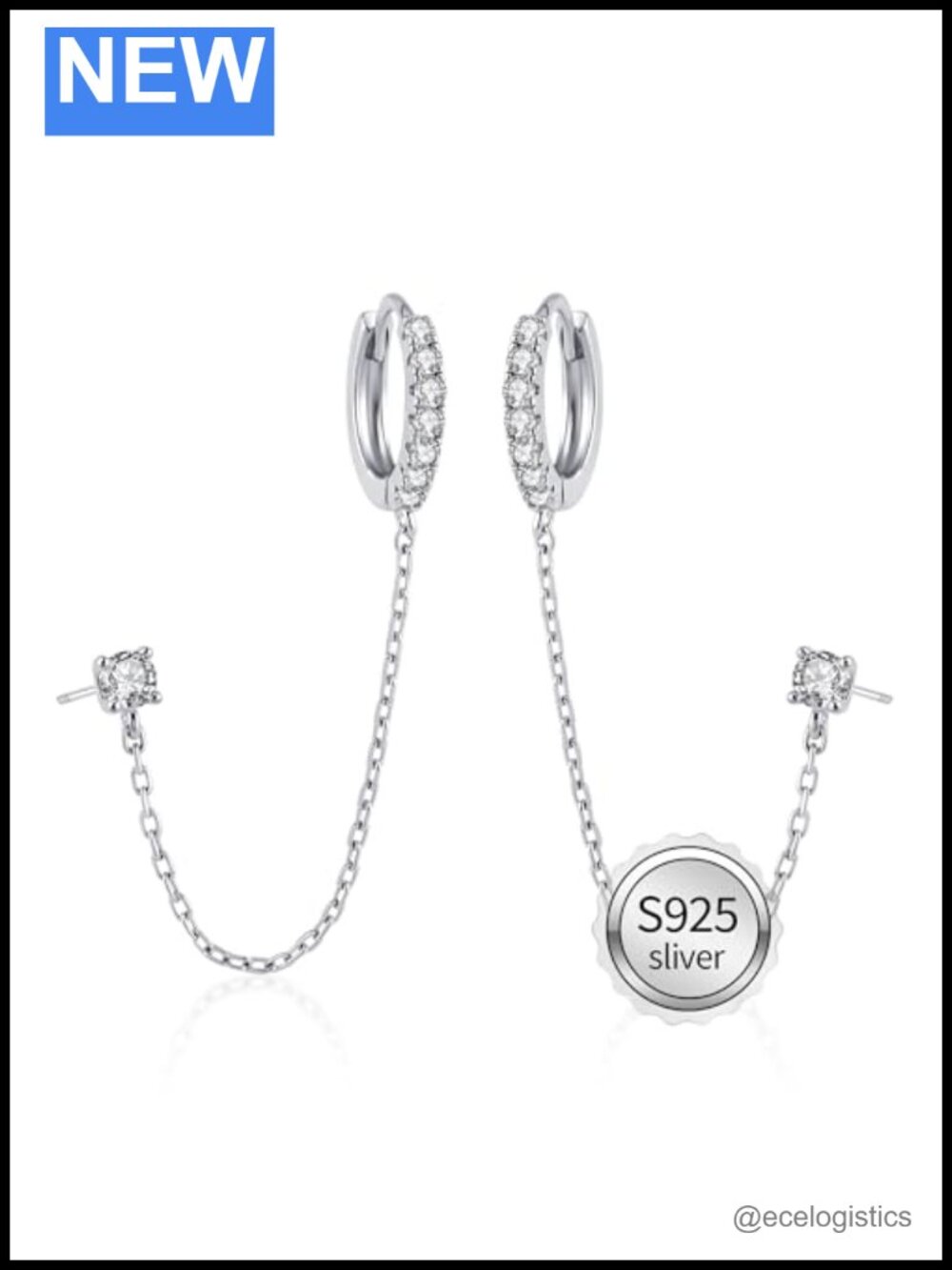 Moissanite Chain Earrings 925 Sterling Silver 18K Gold Plated Dangle Huggie